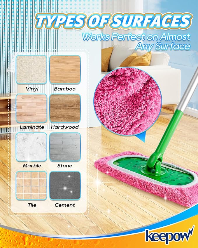 KEEPOW 4 Pack Reusable Mop Pads Compatible with Swiffer Sweeper, Microfiber Washable Swiffer Mop Pads, Dry & Wet Sweeping Mopping Cloths (Pink)