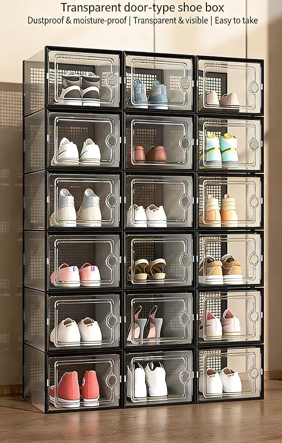 12 piece double frame transparent shoe box; Stackable plastic box shoe storage artifact; Foldable shoe box dormitory space saving shoe rack