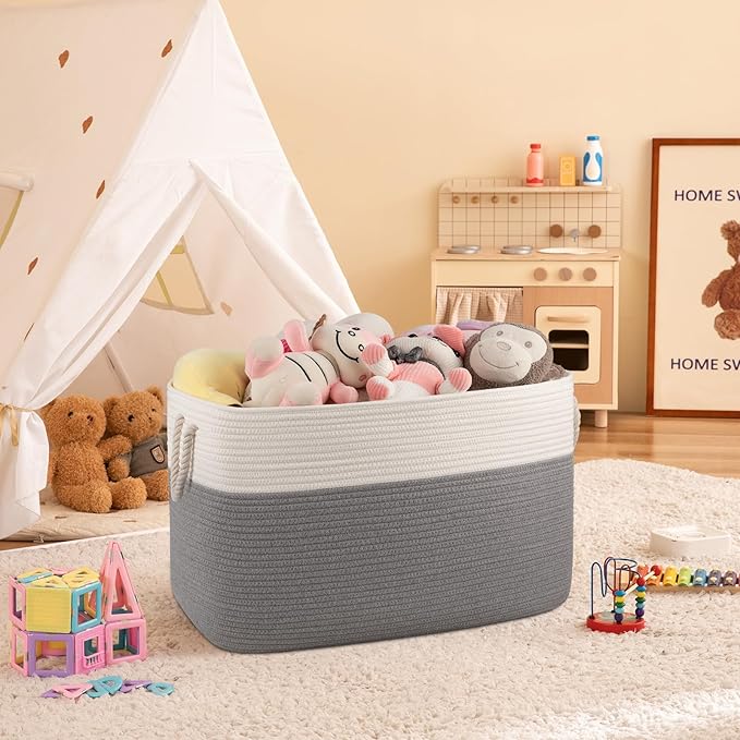 95L Extra Large Blanket Basket with Lid, 24" x 16.9" x 14.2" Woven Storage Basket for Living Room, Rectangle Nursery Blanket Storage for Toys, Towels, Dirty Clothes, Grey & White