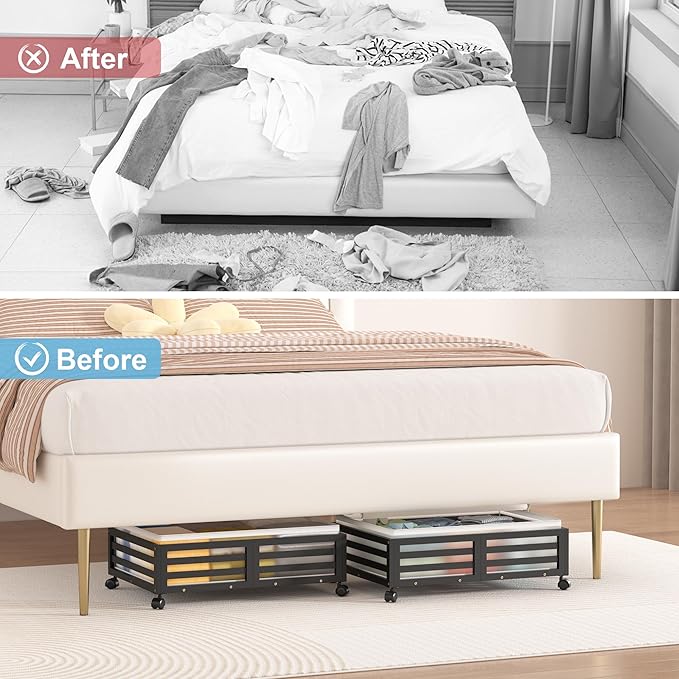 Under Bed Storage with Wheels-Large Bamboo Underbed storage Containers with Large Dust Bag Stackable Under the Bed Shoe Storage Bins for Clothes Books Bedding (2 Packs Black, 23.62"L×16.54"W× 6.51"H)