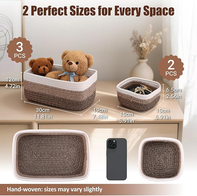 5-Pack Small Woven Rope Storage Baskets – 2 Sizes Organizer Bins for Closet, Shelf, Bookshelf, Nursery, Changing Table, Fabric Cube Boxes, Rectangular Shallow Bins for Bathroom, Toy & Home