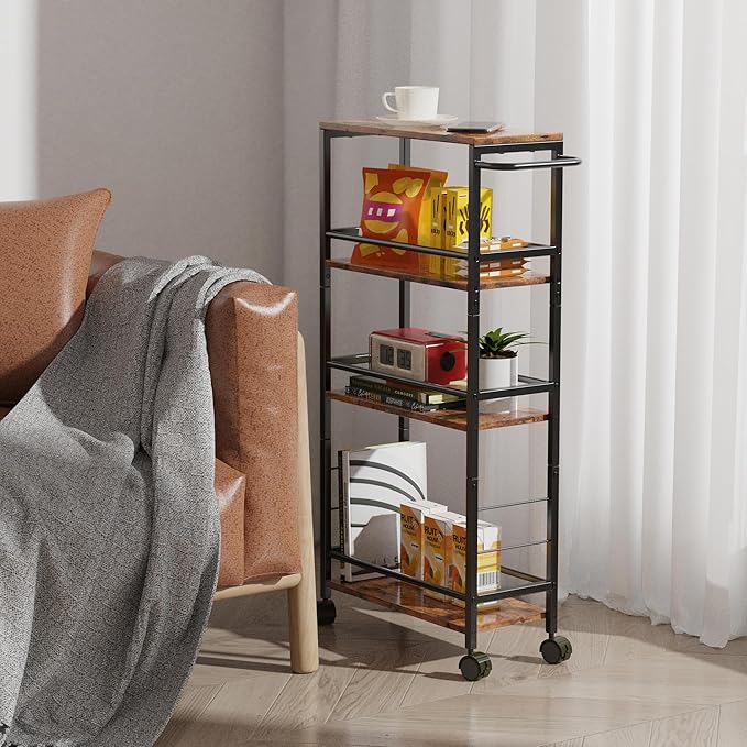 Slim Rolling Cart, 4-Tier Kitchen Storage Rolling Cart, Narrow Cart with Handle, Mobile Utility Cart for Small Space, Shelving Unit for Kitchen, Dining Room, Living Room, Home Office, Laundry Room