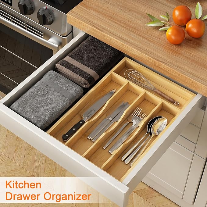 Bamboo Utensil Organizer for Kitchen Drawers, Utensil Tray and Cutlery Silverware Holder,Wood Drawer Dividers with 5 Slots