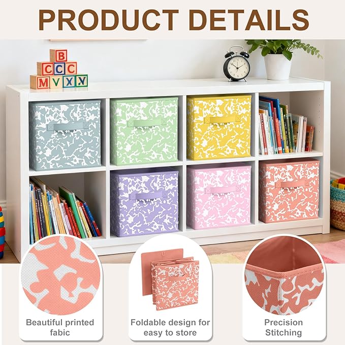 LemonRoad 6 Fabric Storage Cubes 11 Inch Foldable Marble Storage Bins for Organizing Pantry, Toy Box, Clothes Closet Collapsible Baskets for Shelves with Handle(Macaron Color,Classic Style)