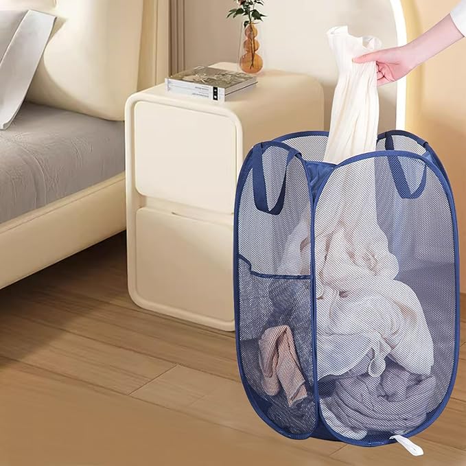 Collapsible Laundry Baskets Mesh Pop Up Laundry Basket Portable Laundry Hamper, Foldable Clothes Basket Storage Hampers (Blue - 2 Pack)