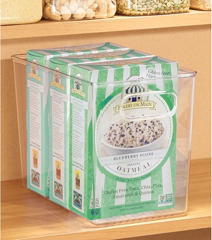 mDesign Plastic Modern Kitchen, Pantry Food Storage Container Bin w/ Handles - Cabinet, Fridge/Freezer, Countertop Organizer - Snacks/Drink/Appliances; Ligne Collection, Clear, 10x6.5x7.75 (Pack of 2)
