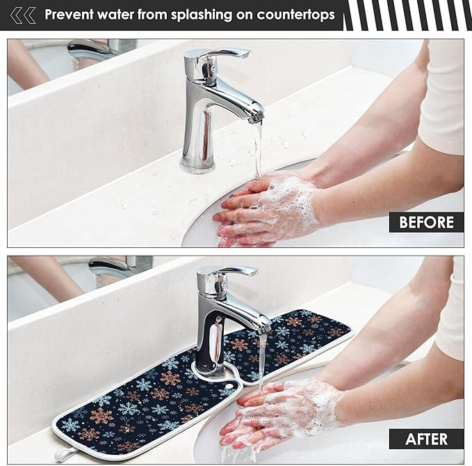 2 Pack Faucet Splash Catcher Orange Snowflake Sink Mat for Faucet Absorbent Kitchen Splash Guard Drip Catcher for Farmhouse Barthroom Bar, S