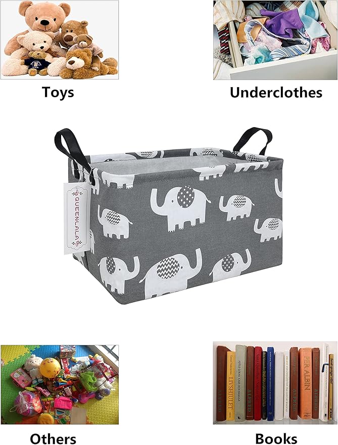 QUEENLALA Rectangular Laundry Hamper/Foldable Nursery Laundry Basket for Organizing/Storage Bin Baskets/Children Toy Office Bedroom/Toy Bin Closet Shelf Baskets（Rec-Elephant）