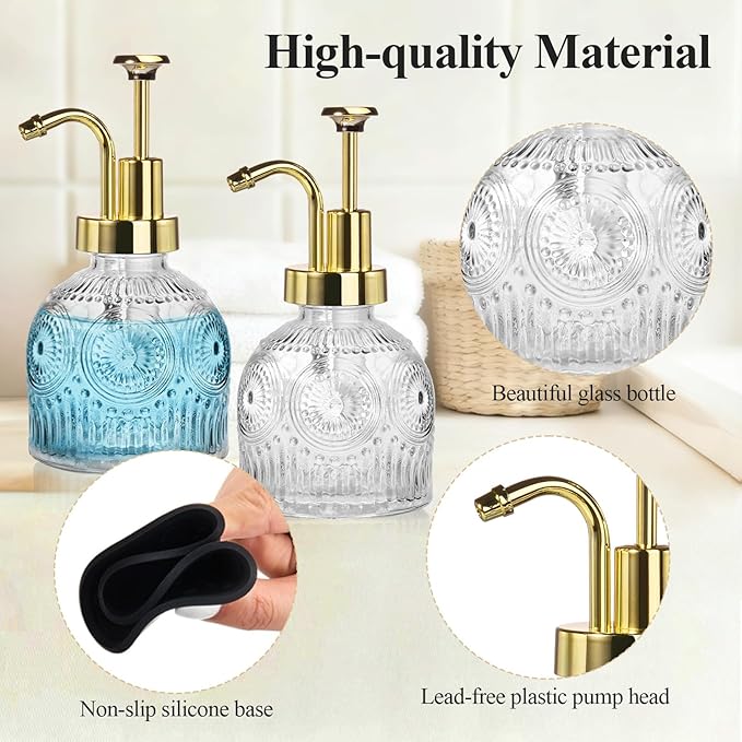 SheeChung Vintage Soap Dispenser, Kitchen Dish Soap Dispensers with Pump Mat, Glass Hand Soap Dispenser for Bathroom, Liquid, Lotion, Refillable, Rustic Farmhouse Decor-Clear (Gold Pump, 1 pk)
