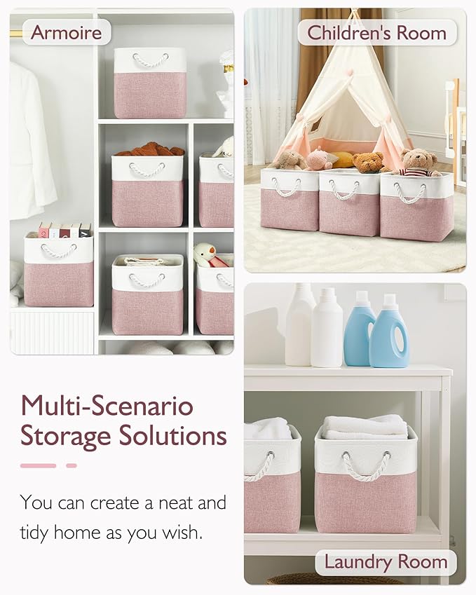 13x13x13 Cube Storage Bins,4 Pack Large Foldable Fabric Storage Cubes with Handles for Organizing Home, Closet, Shelf, Office(White&Pink)