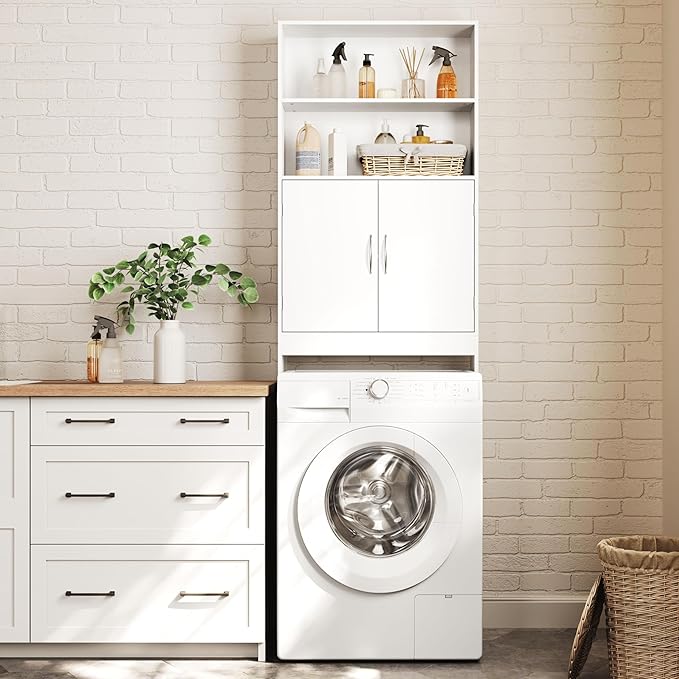 Yaheetech Over The Toilet Storage, Taller Bathroom Organizer Space-Saving Storage Cabinet with Adjustable Shelves and Double Doors, 77 in H, White