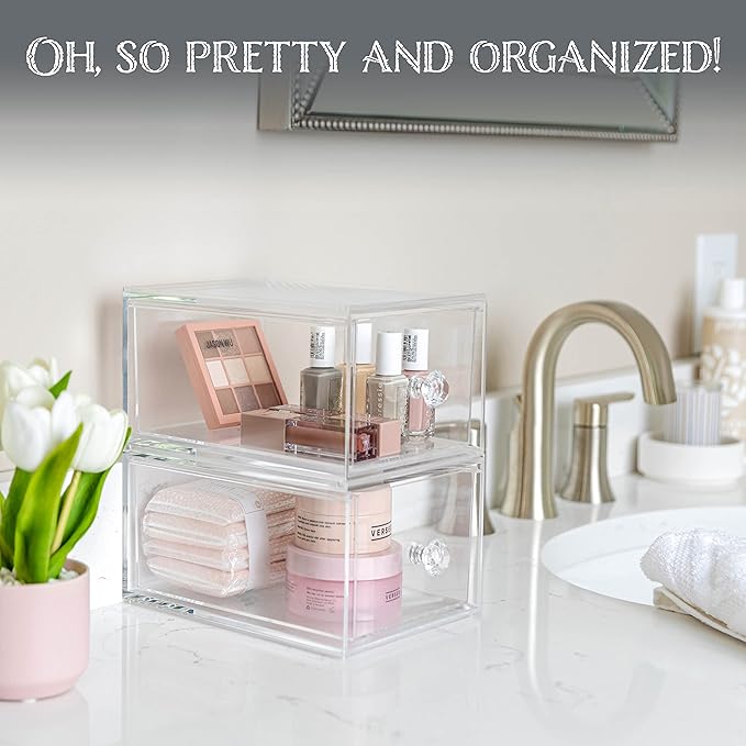 Oizeir Clear Drawer Organizers - Acrylic, Durable, Stackable, Pull-Out Drawer. Great for Medicine, Cosmetics, Makeup and Bathroom Organization. (4.5" High | 2-PACK)