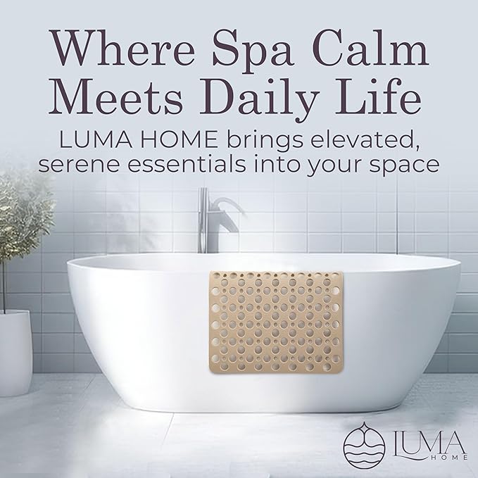 LUMA HOME Non Slip Bathtub Mat and Shower Mat Beige TPE Strong Suction Cups Aesthetic Bath Mat for Inside Shower with Soft Texture, Quick-Dry Drain Holes, Spa-Inspired Design 30x17” (75x43 cm) (2)