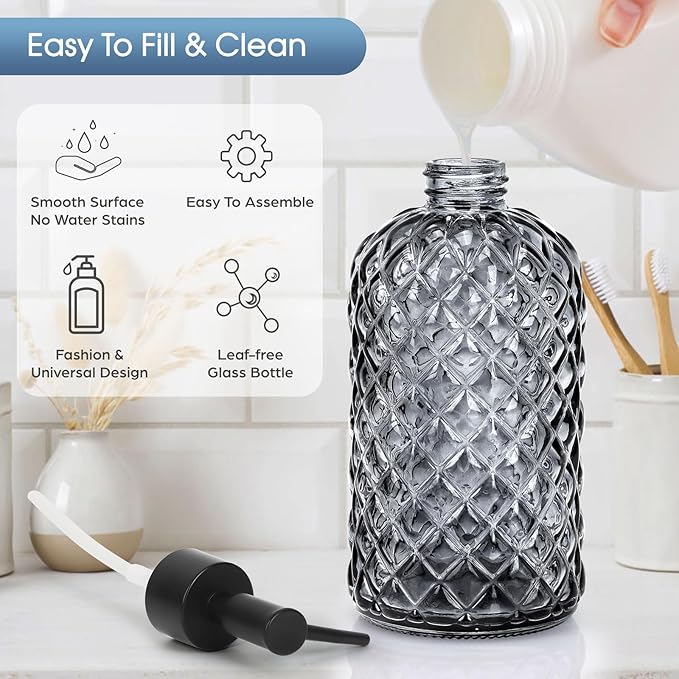 2 Pack Gem Glass Soap Dispenser with Black Plastic Pump, 13oz Liquid Hand Soap Dispenser, Rustproof Pump for Kitchen & Bathroom, Great for Lotions, Essential Oil, Liquid Soaps-Gray