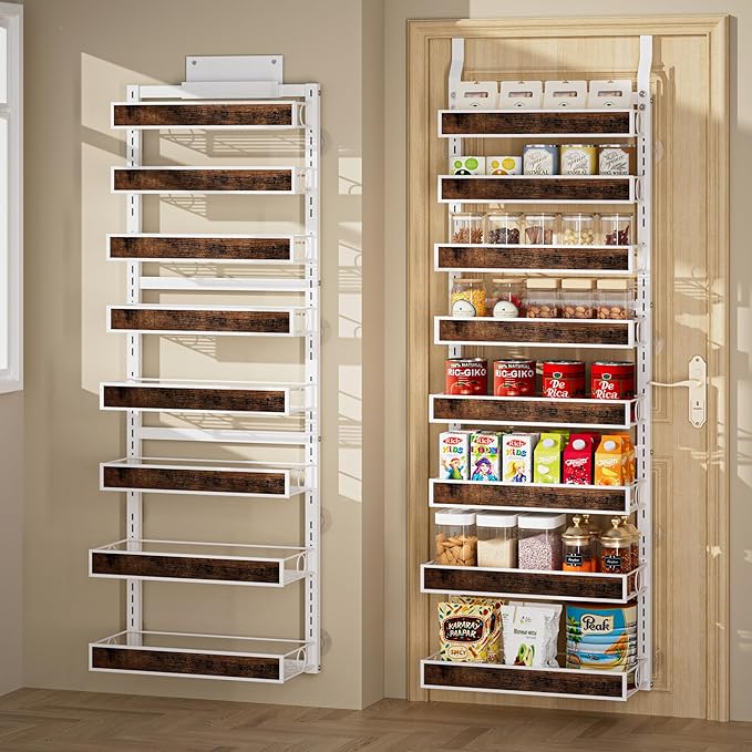 8 Tier Over The Door Pantry Orangizer 2 IN 1 Wall Mounted or Hanging Spice Rack with Adjustable Wood Basket,Heavy Duty Seasoning Storage Shelf for Kitchen Pantry and Bathroom