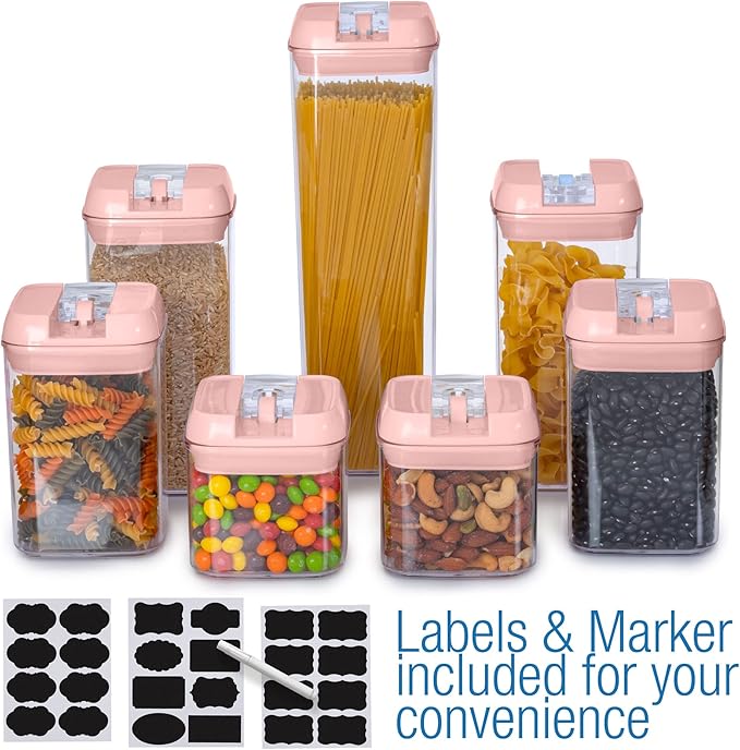 Set of 7 Airtight Food Storage Containers - Pantry Organizer Bins, BPA Free Plastic Containers plus Dry Erase Marker and Labels, Pink