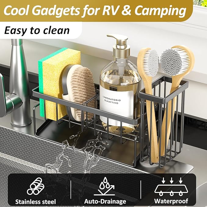 Sponge Holder & Sink Caddy Organizer - Rustproof Kitchen Sink Organizer with High Brush Holder - Kitchen Essentials Countertop Storage Organization (Carbon Black)