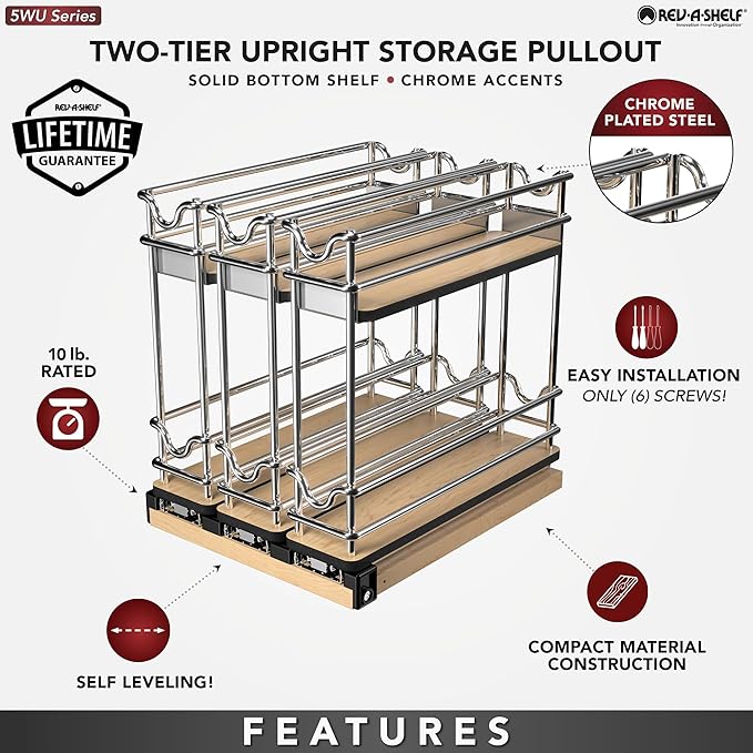Rev-A-Shelf 9" Pullout Organizer for Cabinets, 2 Tier Triple Narrow Upright Shelf, 5WU2-9N3-1