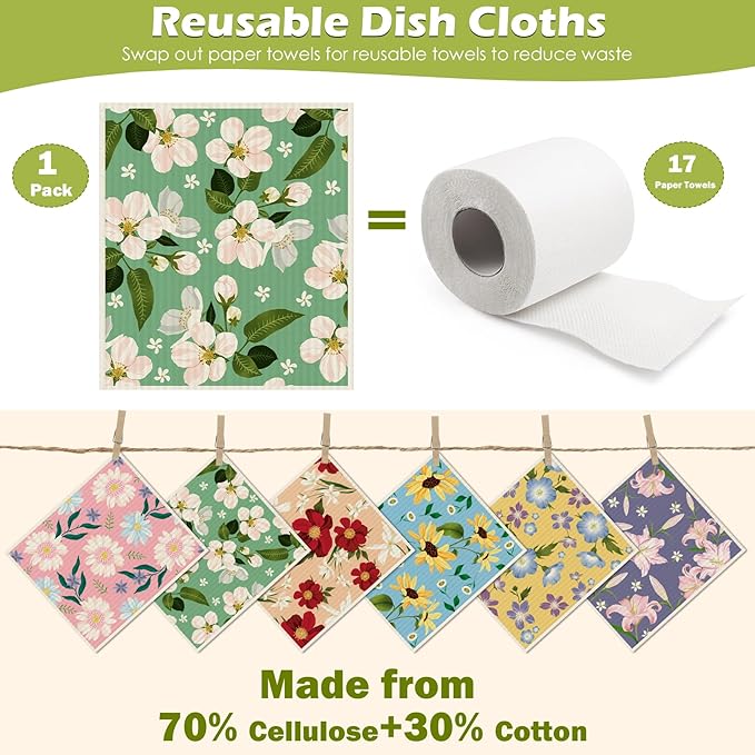 6 Packs Swedish Paper Cloths for Kitchen, Reusable Paper Towels Washable Dish Rags, Highly Absorbent Kitchen Towels Quick Drying Swedish Sponge Cleaning Dish Cloths(Colorful Floral-2)
