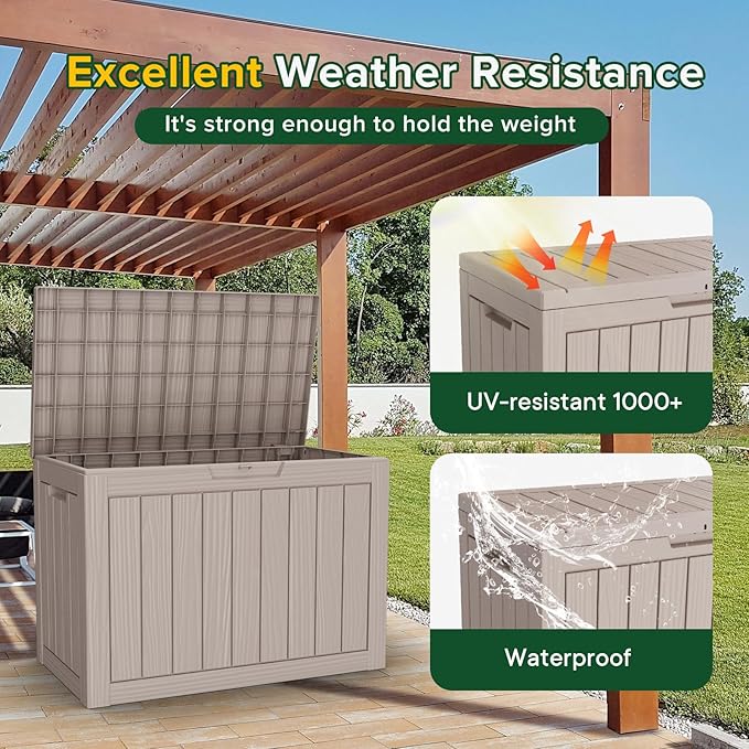 Outdoor Storage Box Waterproof, 45 Gallon Lockable Resin Deck Box Large, Patio Storage Bin for Pool Accessories Cushion Furniture, Garden Tools, UV-Resistant Outside Delivery Light Coffee