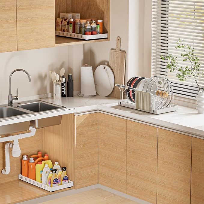 Pots and Pans Organizer Under Cabinet, Pull-out Pots and Pans Organizer, Under Cabinet Pot Lid Holder, Sliding type Pots and Pans Storage with 8 Adjustable Dividers & Handle Bracket - White
