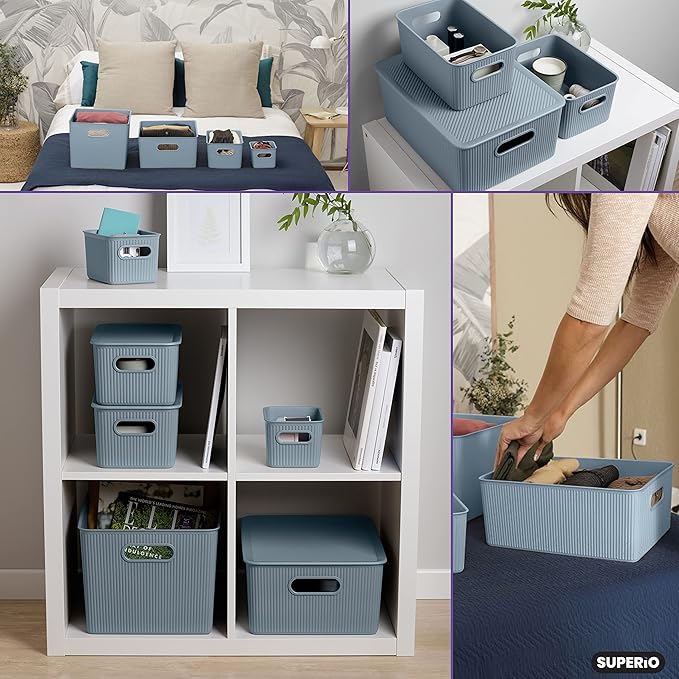Superio Ribbed Decorative Plastic Home Storage Bins 2 Pack, Blue Organizer Baskets 15 Liter, Boxes for Organizing Closet Shelf (Bin with Lid- Large)
