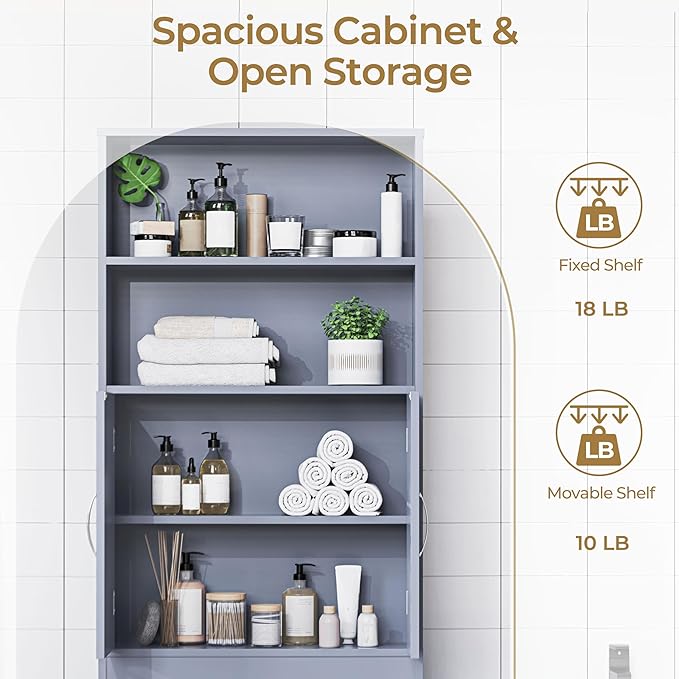Yaheetech Over The Toilet Storage, Taller Bathroom Organizer Space-Saving Storage Cabinet with Adjustable Shelves and Double Doors, 77 in H, Grey