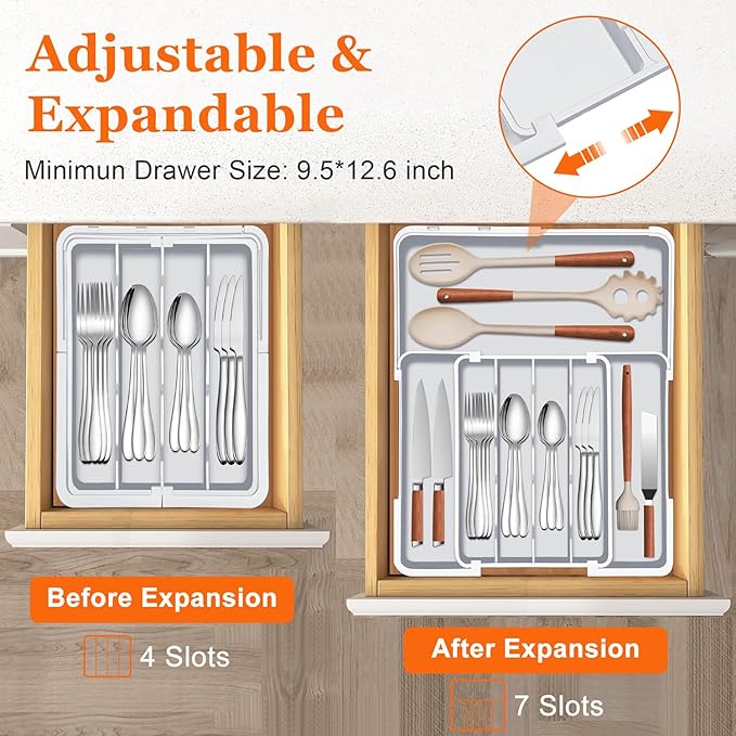 Expandable Silverware Drawer Organizer - 7 Compartments BPA-Free Kitchen Utensil Tray, Adjustable 12.6”×9.5" to 19"×15.2", Cutlery Drawer Organizer, Gray