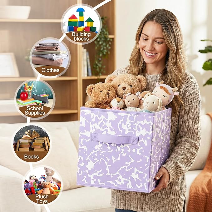 LemonRoad 6 Fabric Storage Cubes 11 Inch Foldable Marble Storage Bins for Organizing Pantry, Toy Box, Clothes Closet Collapsible Baskets for Shelves with Handle(Macaron Color,Classic Style)