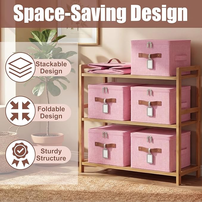 Fiwochic 6 Pack Fabric Storage Bins with Lids, 10×8×7Inch Foldable Cotton Linen Storage Boxes with PU Leather Handles and Label Holders for Closet, Bedroom, Shelf, Nursery, Pink