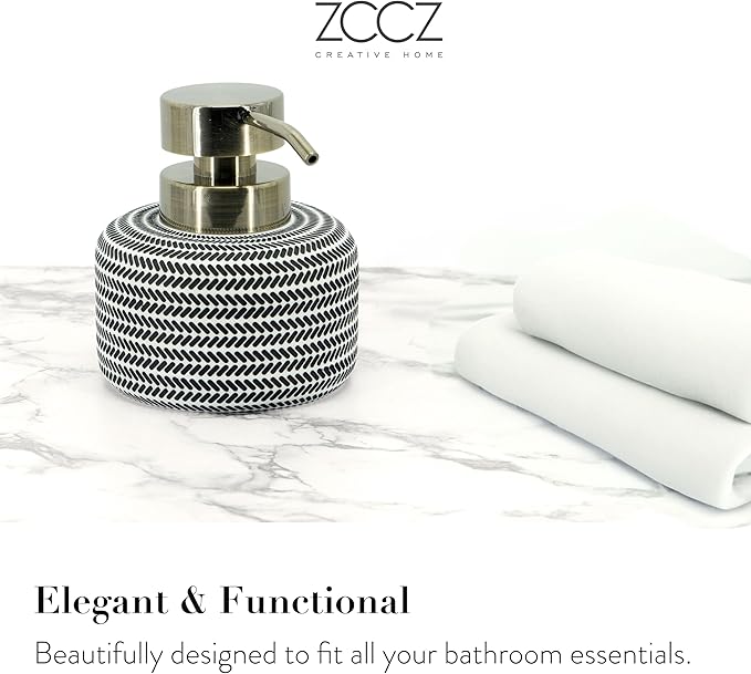 ZCCZ Black and White Bathroom Accessories Set, 4 Pieces - Toothbrush Holder, Soap Dispenser, Vanity Tray, Tumbler - Countertop Organizer for Bathroom Decor - Modern Accessory Set for Home and Office