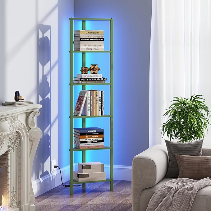 TUTOTAK Corner Shelf with LED Light, 6-Tier Corner Bookshelf for Small Space, Narrow Display Corner Shelf Stand with Storage Rack, for Living Room, Bedroom, Olive Green BS05BOG006L
