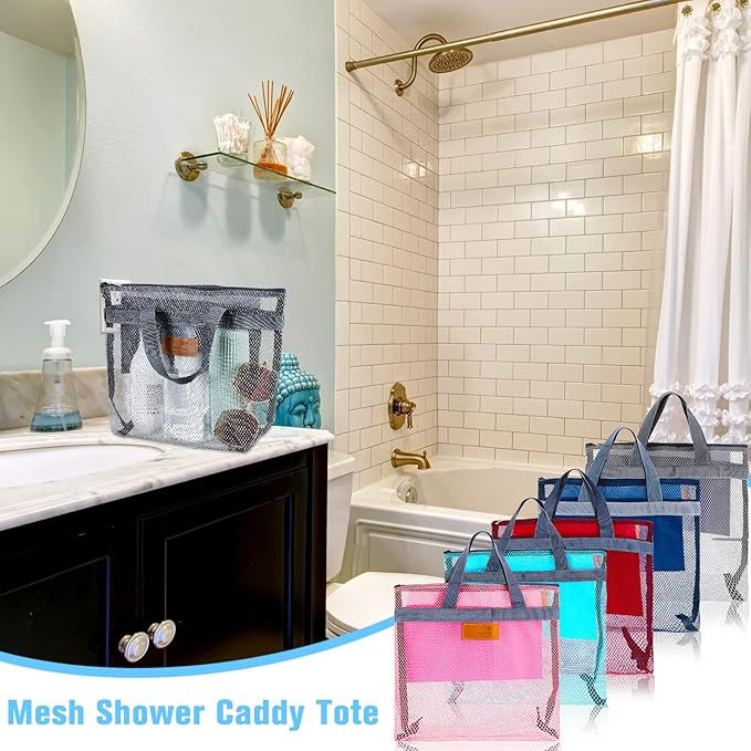 Tudomro 10 Pcs Mesh Shower Bag Caddy Tote Portable Quick Dry Tote Bag Lightweight Hanging Toiletry Bath Organizer for College Dorm Gym Swimming Beach Travel Games Sports (Gray Handle)
