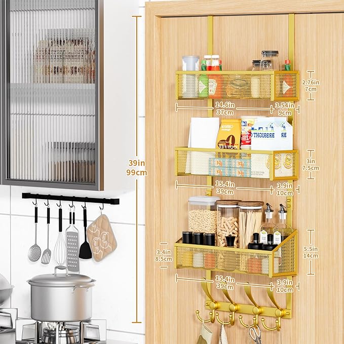 Over The Door Hooks Organizer, Coat Rack Over The Door Storage Hanger Towel Rack, Back of Door Storage Organizer for Bathroom,Bedroom,Kitchen,Office (Gold, 4-Tier)