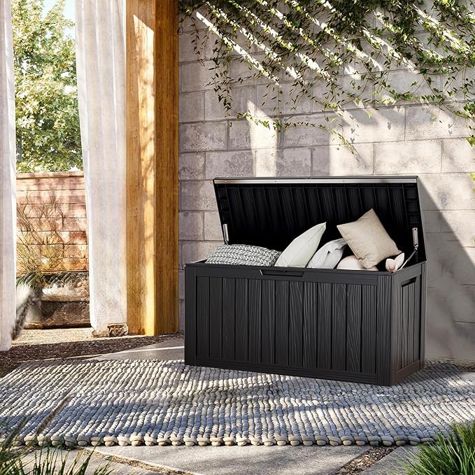 80 Gallon Lockable Resin Outdoor Storage Box, Waterproof & Weather Resistant Deck Box for Patio Cushion, Garden Tools & Pool Accessories, Black