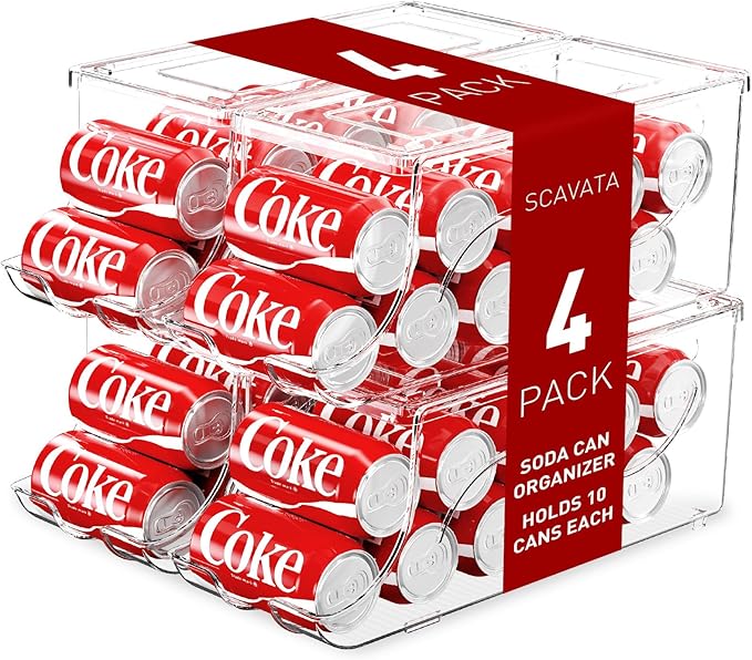 4 Pack Stackable Refrigerator Organizer, Soda Can Dispenser Pop Cans Container Beverage Holder with Lid for Fridge, Freezer, Kitchen, Clear Plastic Storage Bins-Holds 10 Cans Each