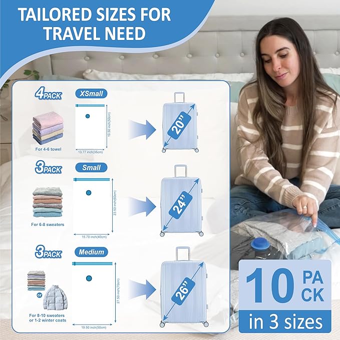 Cozy Essential 10 Pack Travel Vacuum Storage Bags with Rechargeable Wireless Electric Pump for Luggage, Suitcase, Carry-on Size Vacuum Seal Compression Space Saver Bags for Clothes and Clothing Travel