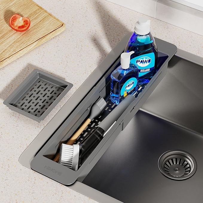 NiHome Extendable Over Sink Kitchen Organizer, Small Telescopic Brush Storage Rack for Sponge, Non-Slip Pads Expandable Sink Caddy, Adjustable Sponge/Brush Rack with Drainage Durable ABS (Dark Gray)