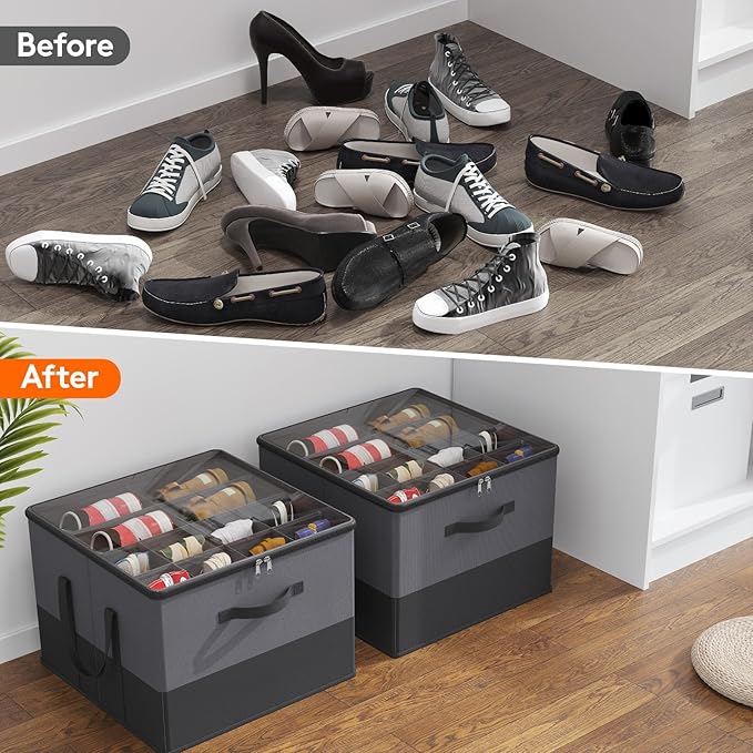 Lifewit Shoe Storage Organizer for Closet, Fabric Large Shoe Box Storage Containers with Clear Cover, Foldable Bins for Boots Heels Sneakers Fits 24-32 Pairs (Each 12-16 Pairs) 2 Pack Black and Gray