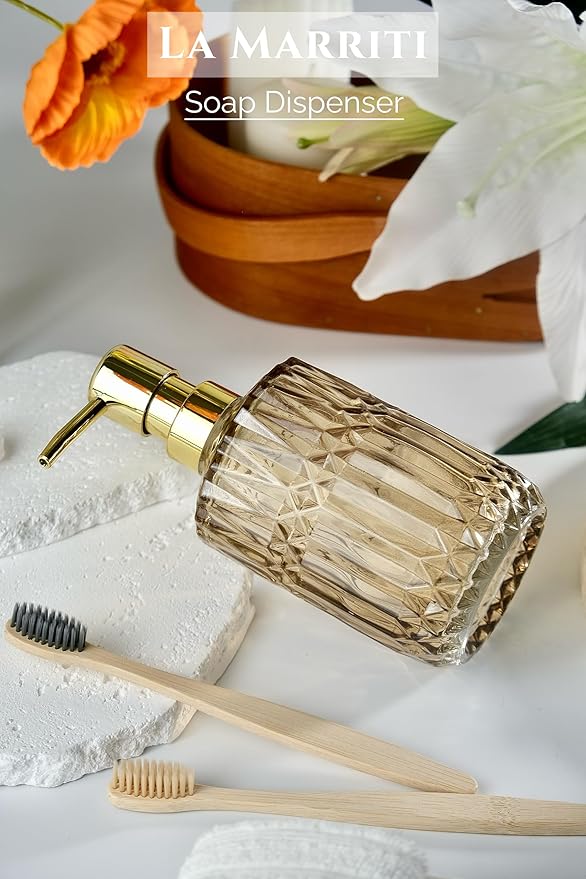 Brown Glass Soap Dispenser with Gold Rust Proof Pump, Refillable Thicken Glass Kitchen Soap Dispenser, Lotion Dispenser Bathroom for Dish Soap, Hands Soap, Body Wash, Bathroom Accessories