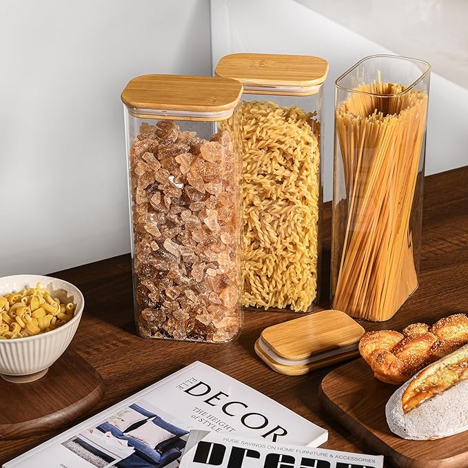 D2scrma 71oz Rectangle Airtight Glass Storage Containers with Bamboo Lids (Set of 4), Square Food Storage Jar, Pantry Organizers for Sugar, Flour, Spaghetti and Coffee beans (‎with Black Lable)