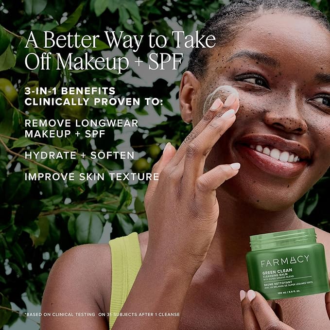 Farmacy Makeup Remover Cleansing Balm - Green Clean Waterproof Makeup Remover Balm + Oil Cleanser for Face - Gently Melts Make Up + SPF - Hydrates + Softens Skin with Super Greens + Papaya (30ml)