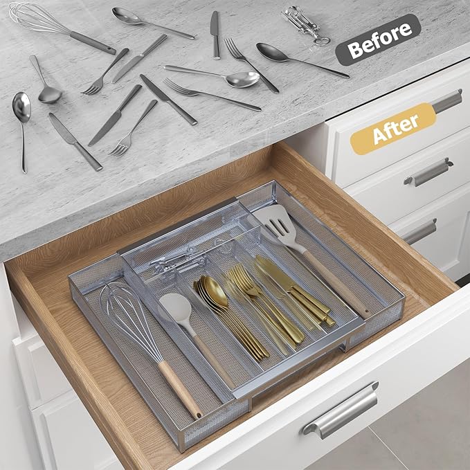 Silverware Organizer Metal Mesh, Drawer Organizer, Utensil Cutlery Tray Expandable Flatware Organizer with 7 Compartment Silver 9.6"~16.1" x 13.8"