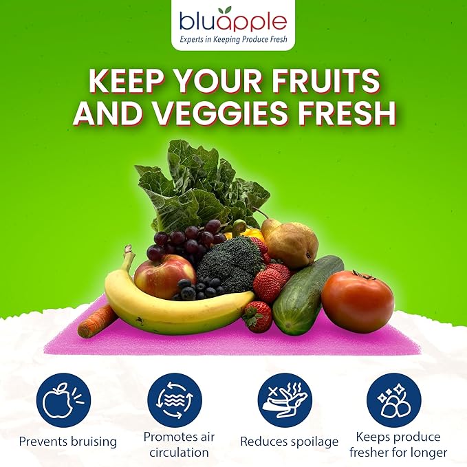Bluapple FreshMats, Refrigerator Bin Liner, Fridge Drawer Mats, Crisper Life Extender Liner Keeps Produce Fresh Longer, Anti-Bruising, Helps Air Circulation, Washable & Reusable (4-Mats, 12x15, Pink)