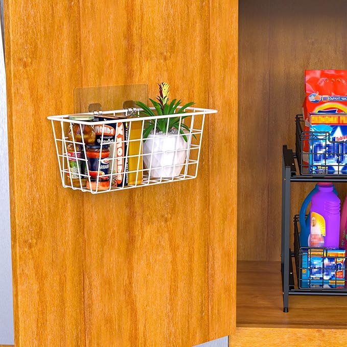 MaraFansie Wall Wire Baskets Adhesive Basket Hanging Kitchen Baskets No Drilling for Cabinet & Pantry Organization and Kitchen, Bathroom, Bedroom Storage, 4 Pack, White