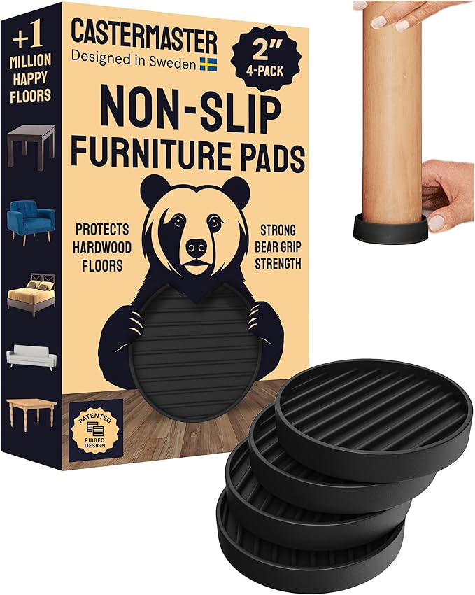 CasterMaster Rubber Furniture Pads - Non Slip Caster Cups & Couch Stoppers for Hardwood Floors - 2 Inch Round Furniture Grippers, Leg Floor Protectors to Stop Sliding - Black, 4 Pack