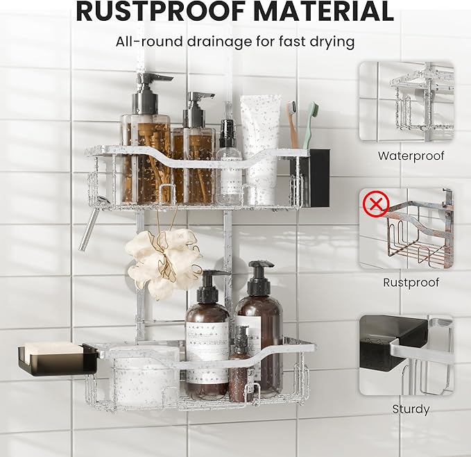 Hanging Shower Caddy Over Head,2 Tier Rustproof Shower Organizer for Tall Showerhead,No Drill Bath Caddy Hanging with Soap Dish and Toothbrush Holder for Razor and Sponge,Silver