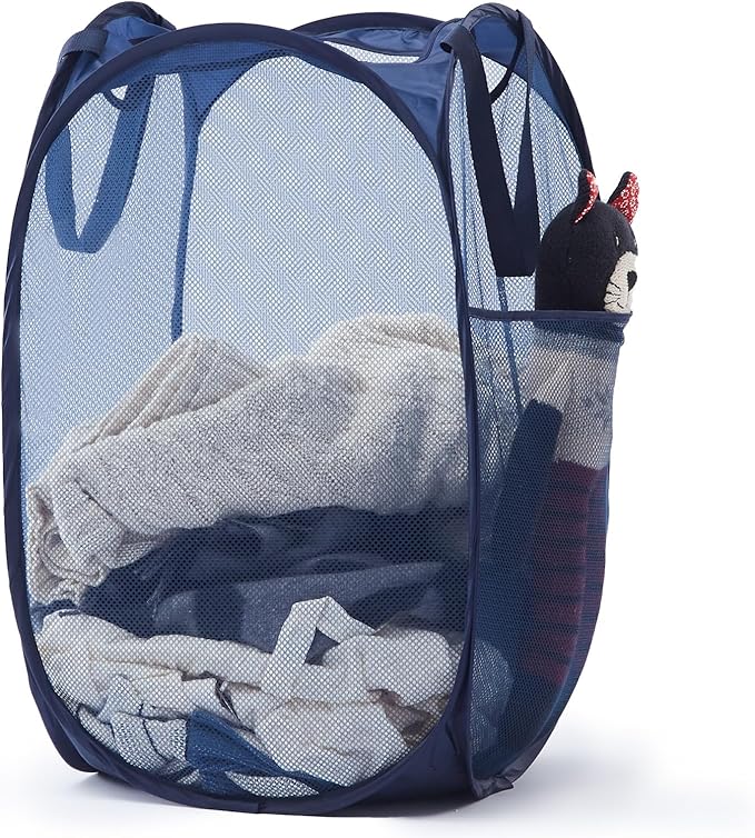 TECHMILLY Upgraded 105L Collapsible Mesh Pop Up Laundry Hamper with Sturdy Handles and Side Pocket - Portable Foldable Clothes Baskets for Dorm, Bathroom & Travel Storage (Blue Plus)