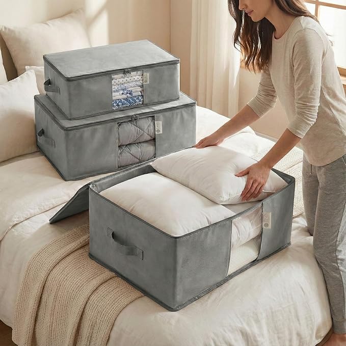 Cedar Storage Bag Organizer for Bedding Set - Protects from Moths, Moisture, Dirt & Dust - Set of 3 Storage Bags for Bed Sheets, Comforter, Pillows & More - Space-Saving Bedding Organizer, Gray
