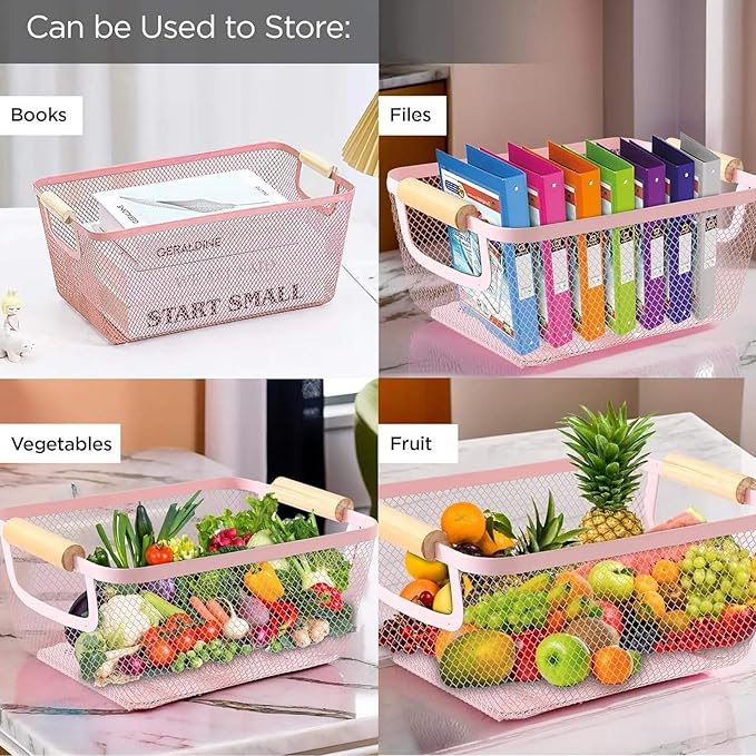 Metal Mesh Steel Basket, Small Wire Storage Organizer Baskets Multi-function Hanging Kitchen Basket with Wood Handle for Kitchen Bathroom Picnic Home, Rectangle-Pink